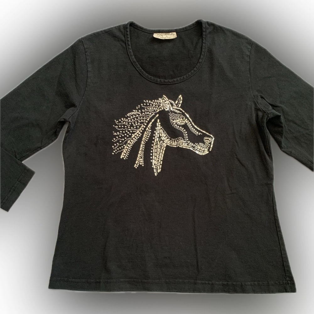 Shiny Horse embellishments black cotton Long Sleeve Shirt knit top | large